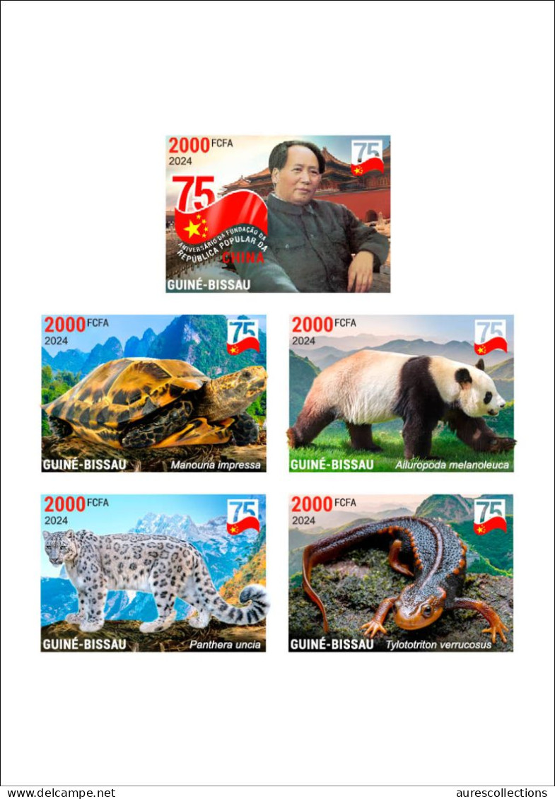 GUINEA BISSAU 2024 DELUXE PROOF 5V - CHINA DIPLOMATIC RELATIONS - MAO ZEDONG TSE TUNG - TURTLES SNOW LEOPARD NEWT PANDA - Turtles