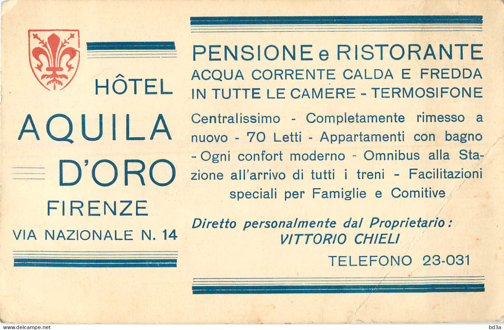 CARTE DE PUBLICITE HOTEL AQUILA D'ORO FIRENZE - Werbung
