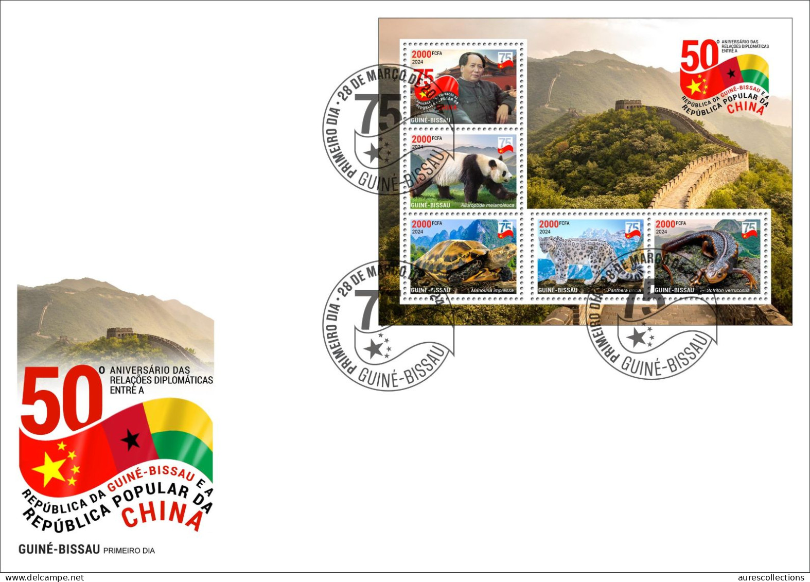 GUINEA BISSAU 2024 FDC MS 5V - CHINA DIPLOMATIC RELATIONS - MAO ZEDONG TSE TUNG - TURTLES SNOW LEOPARD NEWT PANDA - Tortugas