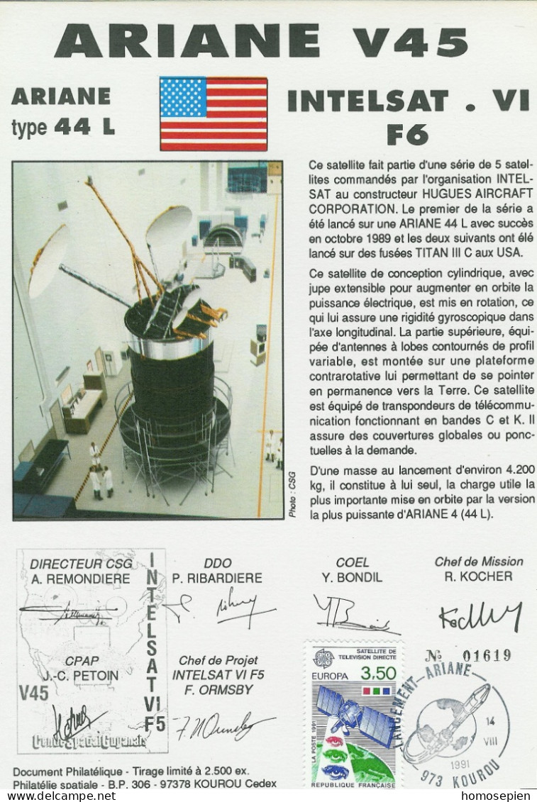 Espace 1991 08 15 - CSG - Ariane V45 - Satellite INTELSAT VIF5 - Europe