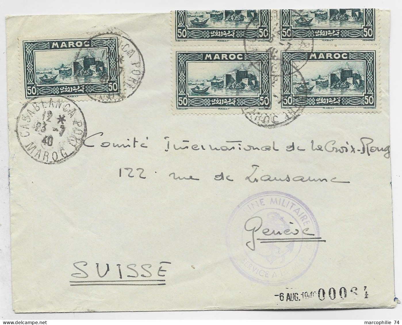 MAROC 50C BLOC DE 4 REPLIE +1 LETTRE COVER CASABLANCA POSTES 23.7.1940 + MARINE MILITAIRE POUR SUISSE - Covers & Documents