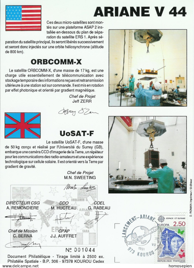 Espace 1991 07 17 - CSG - Ariane V44 - Satellites ORBCOMM X Et UoSAT F - Europe