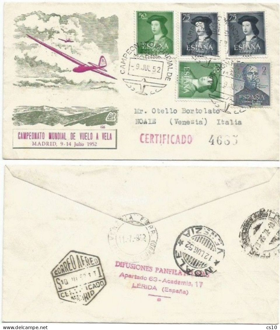 Glider Gliding Aliante Vuelo A Vela - World Championship In Madrid 9jul1952 - Reg.CV With Nice HVs Franking - Lettres & Documents