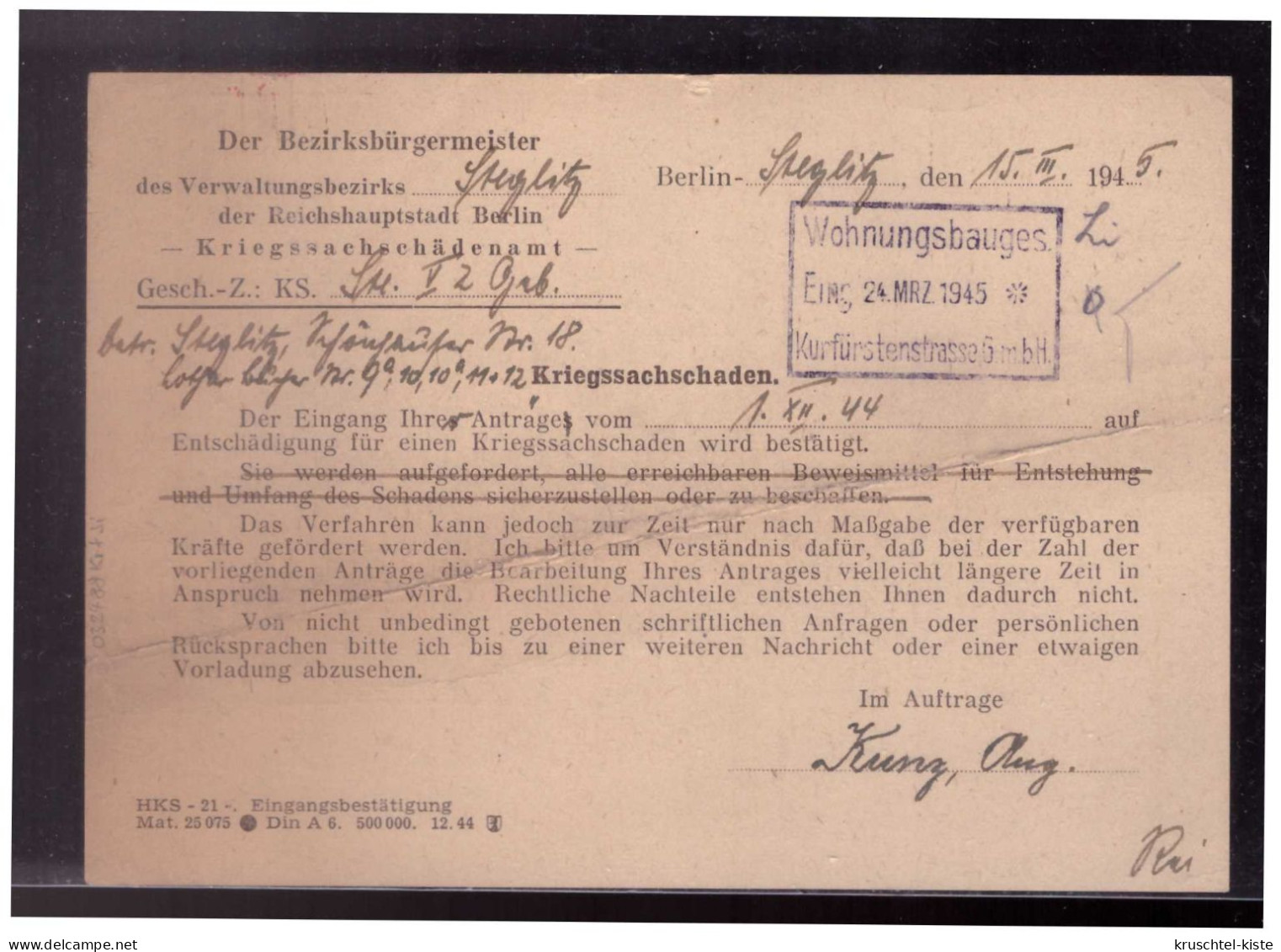 Dt Reich (024257) Postkarte Vorgedruckt Kriegsschädenamt Gel.mit Fst Regierungsbezirk Steglitzam 20.3.1945 Späters Datum - Maschinenstempel (EMA)