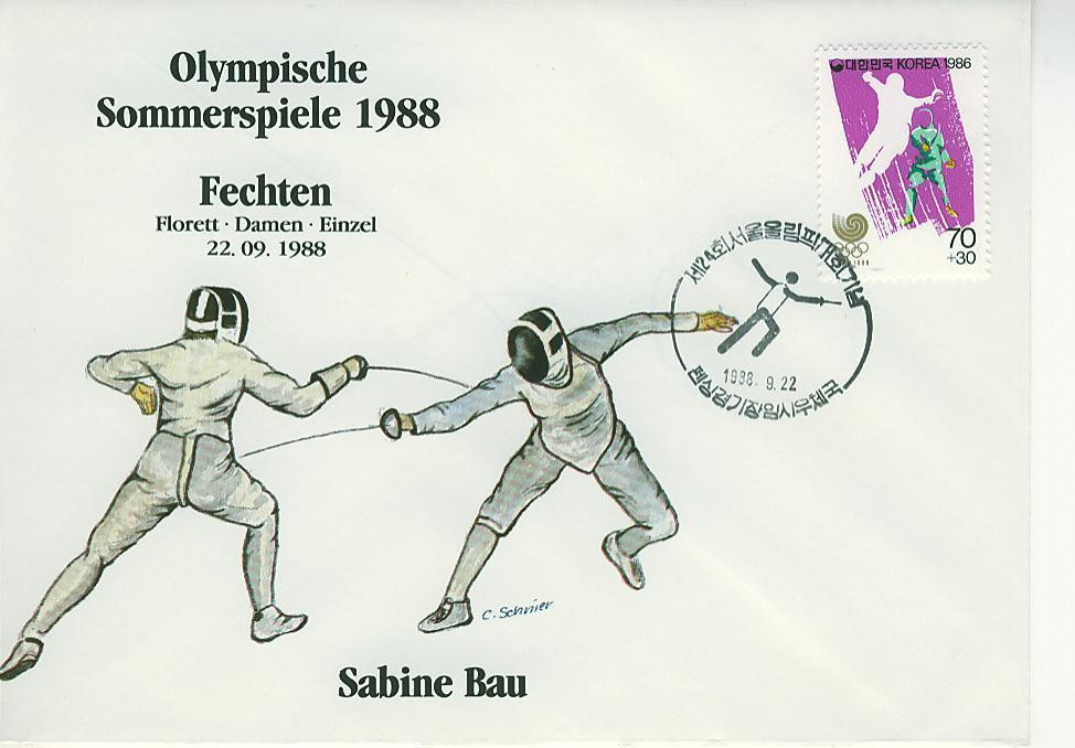 C1462 Escrime Equipe Fleuret Dame Cachet Illustre Corée Du Sud 1988 Jeux Olympiques De Seoul - Fechten