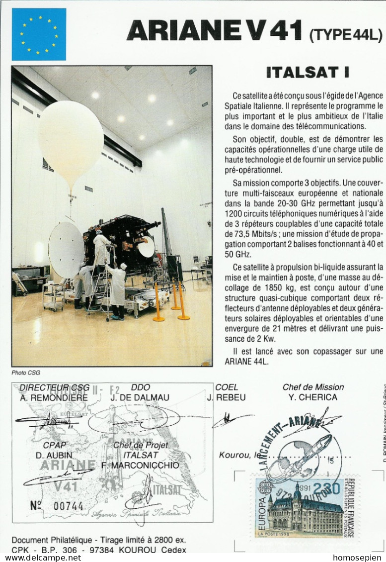 Espace 1991 01 16 - CSG - Ariane V41 - Satellite ITALSAT 1 - Europe