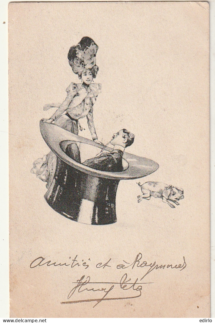 ***  ILLUSTRATEUR  ***   Par Illustrateur Inconnu Fantaisie Femmme Et Homme Sortant D'un Chapeau Chien  - Voor 1900