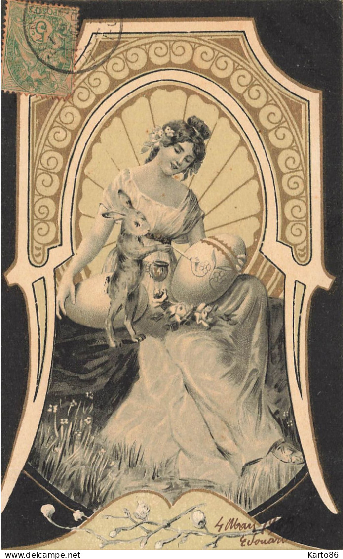 Jugendstil * Série 6 CPA Illustrateur Art Nouveau * Joyeuses Pâques * Pasqua PAQUES * Femmes Lapin Rabbit Dorures - Vor 1900