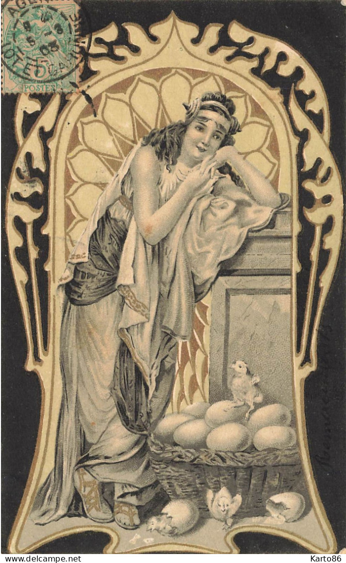 Jugendstil * Série 6 CPA Illustrateur Art Nouveau * Joyeuses Pâques * Pasqua PAQUES * Femmes Lapin Rabbit Dorures - Voor 1900