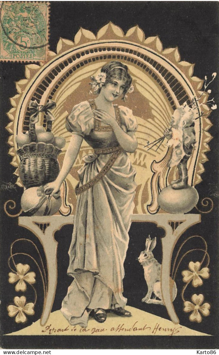Jugendstil * Série 6 CPA Illustrateur Art Nouveau * Joyeuses Pâques * Pasqua PAQUES * Femmes Lapin Rabbit Dorures - Avant 1900
