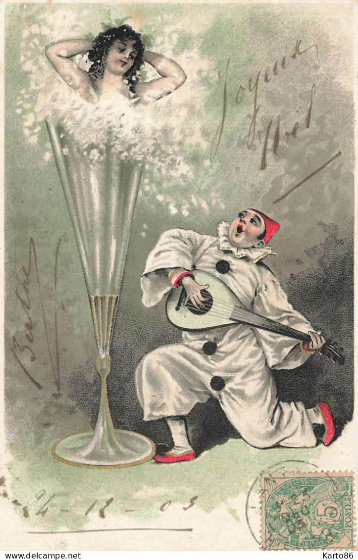 Jugendstil * CPA Illustrateur Art Nouveau * Femme Dans Un Verre De Champagne ( Surréalisme ) & Pierrot Chanteur Musicien - Antes 1900