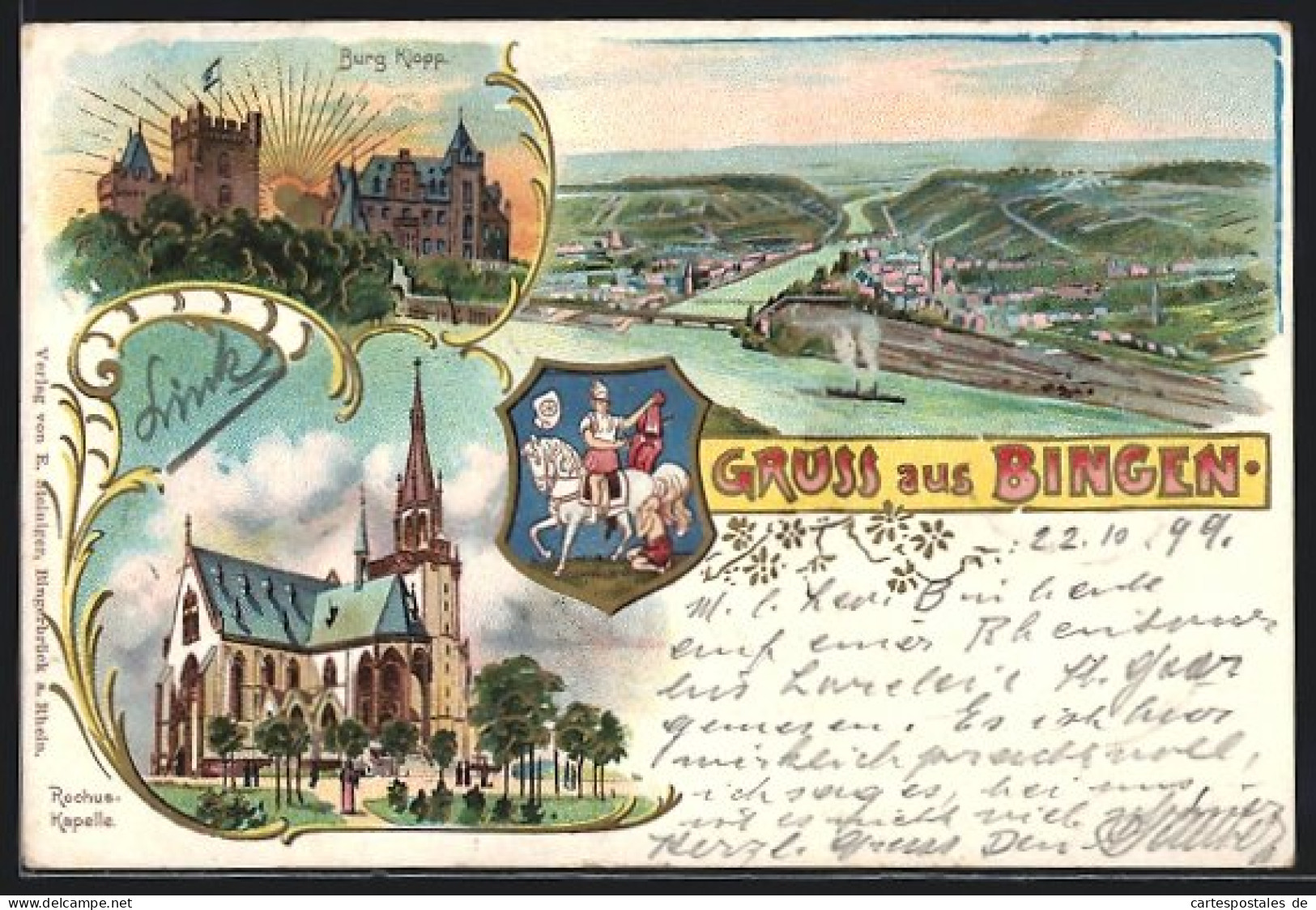 Lithographie Bingen, Panorama, Burg Klopp, Rochus-Kapelle  - Bingen