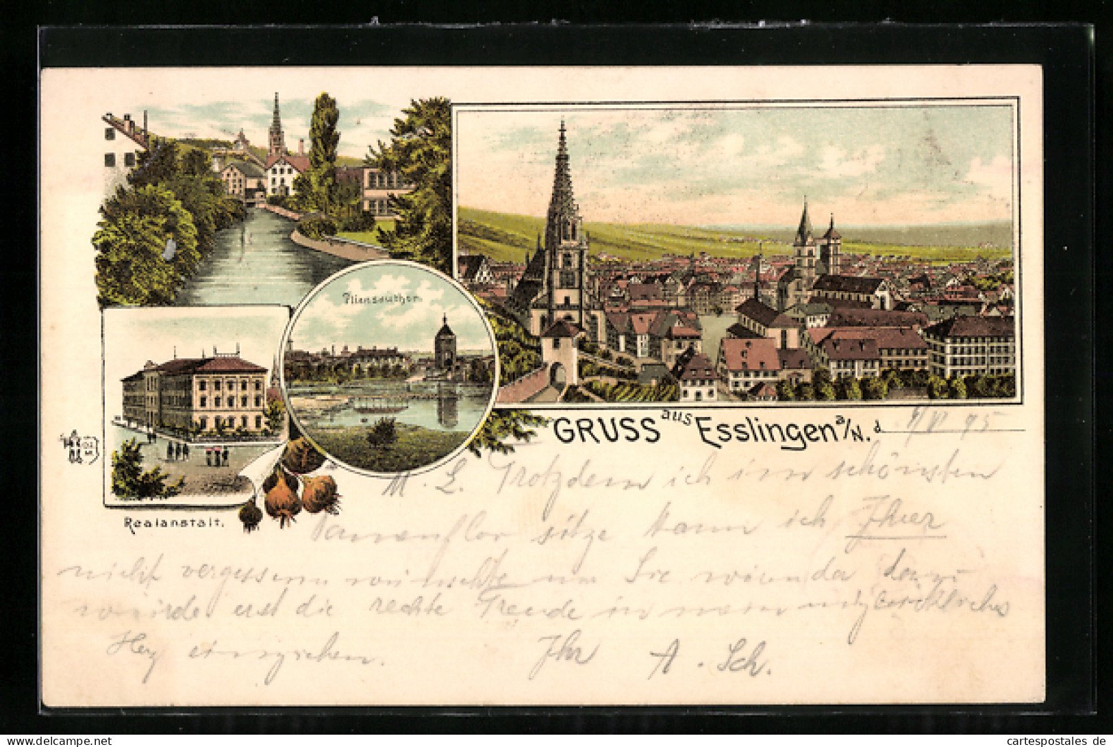 Vorläufer-Lithographie Esslingen A. N., 1895, Realanstalt, Pliensauthor Und Flusspartie, Panorama  - Esslingen
