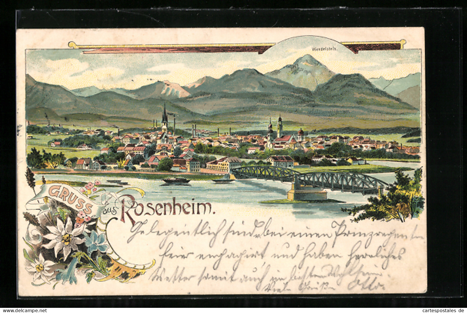 Lithographie Rosenheim, Gesamtansicht Mit Wendelstein, Blumen  - Rosenheim