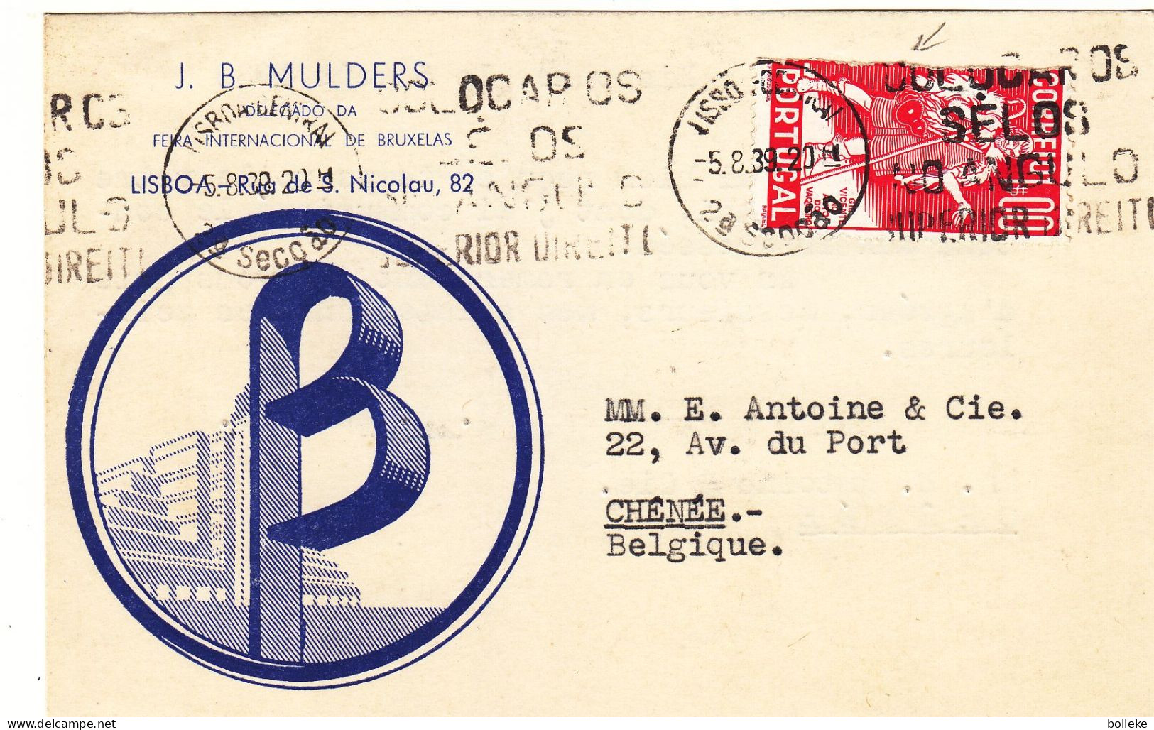 Portugal - Carte Postale De 1939 - Oblit Lisbonne - Exp Vers Chenée - - Covers & Documents