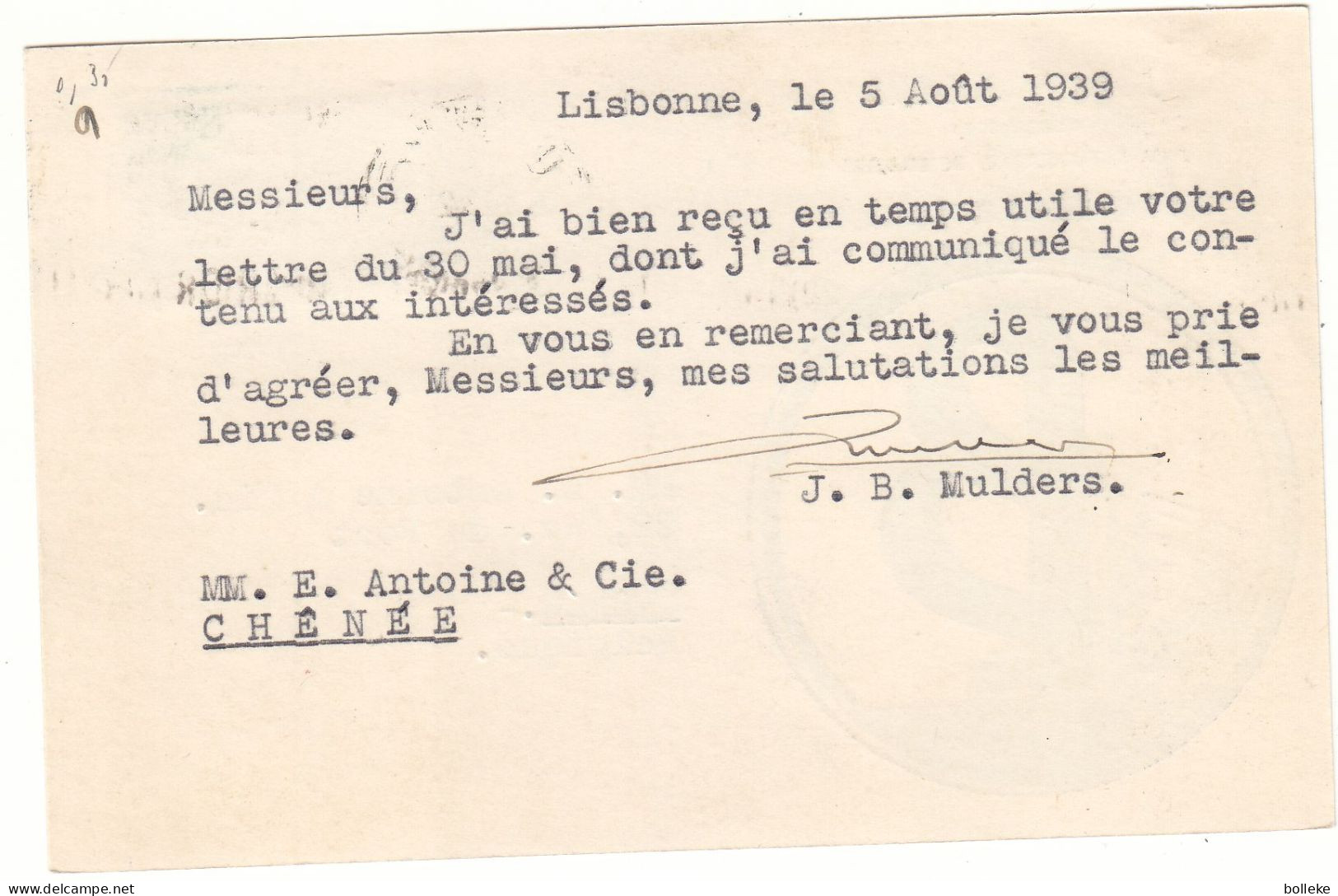 Portugal - Carte Postale De 1939 - Oblit Lisbonne - Exp Vers Chenée - - Cartas & Documentos