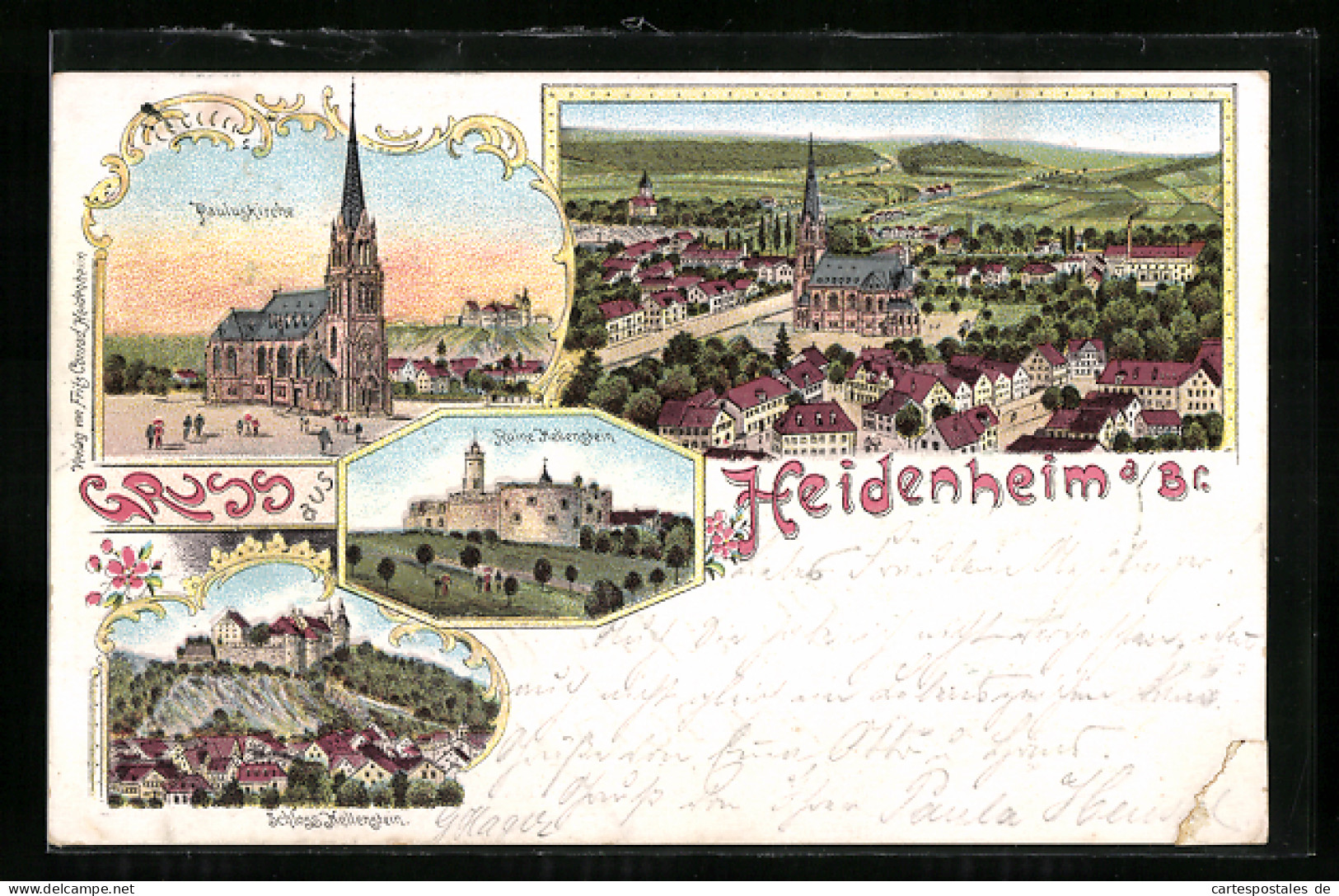 Lithographie Heidenheim A. Br., Pauluskirche, Schloss & Ruine Hellenstein  - Heidenheim