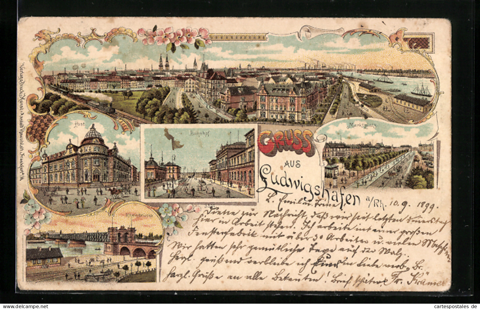 Lithographie Ludwigshafen A. Rh., Bahnhof, Rheinbrücke, Post  - Ludwigshafen