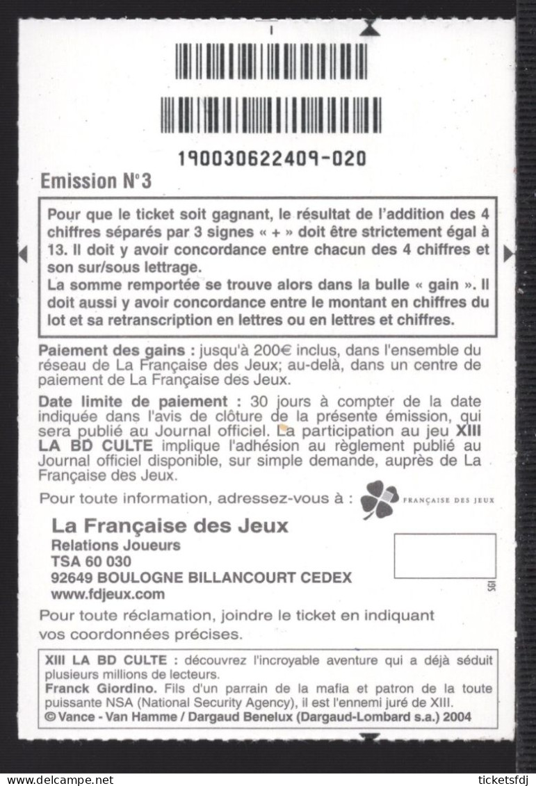 Grattage FDJ - XIII 19003 Réseau - FRANCK GIORDINO - Trait Rouge - FRANCAISE DES JEUX - Lottery Tickets