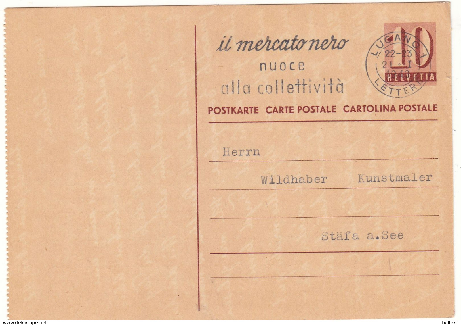 Suisse - Carte Postale De 1943 - Entier Postal - Oblit Lugano - Exp Vers Stäfa Am See - - Storia Postale