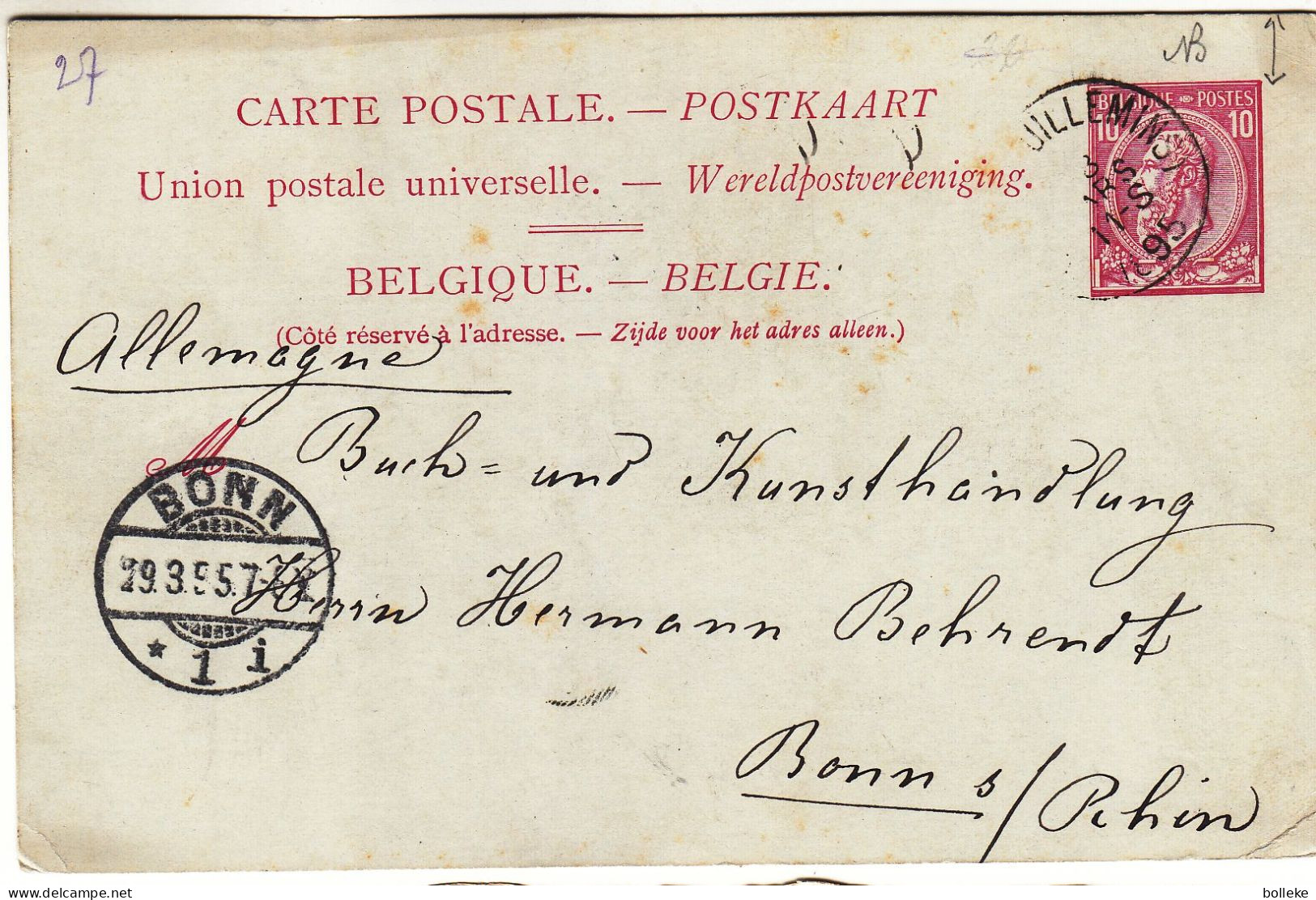 Belgique - Carte Postale De 1895 - Entier Postal - Oblit Liège Guillemins - Exp Vers Bonn - - 1893-1900 Fijne Baard