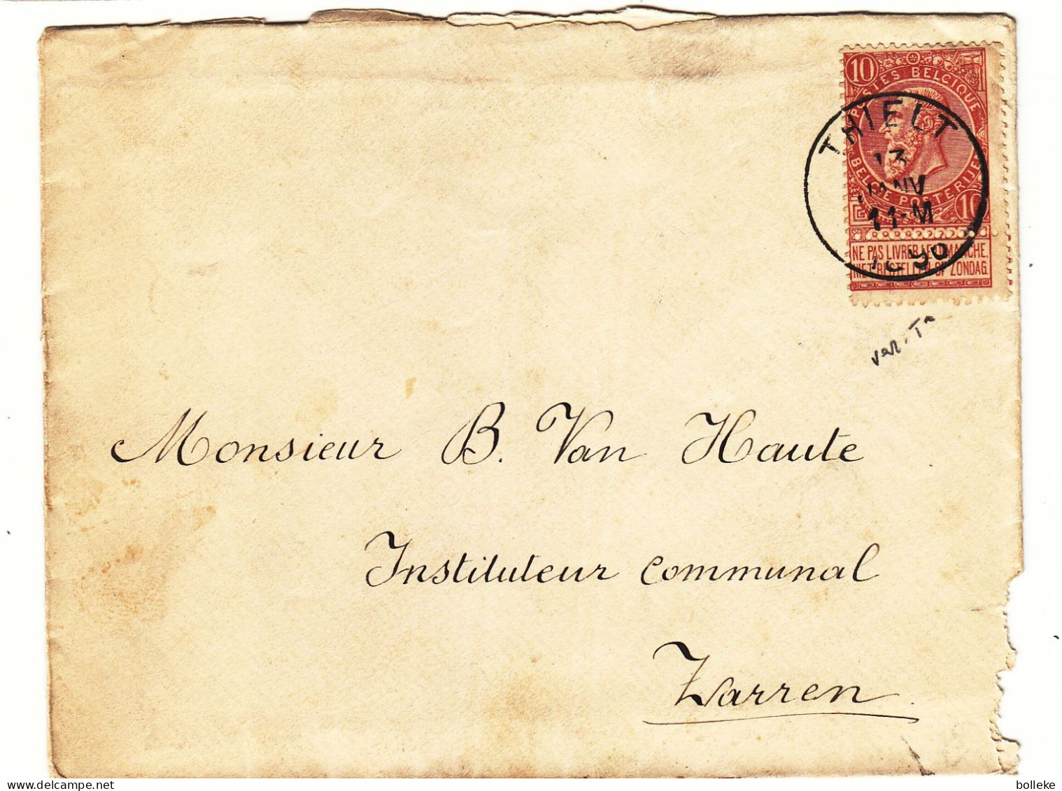 Belgique - Lettre De 1896 - Oblit Thielt - Exp Vers Zarren - Avec  Point Sur Le "T" De Posterijen - - 1893-1900 Fijne Baard