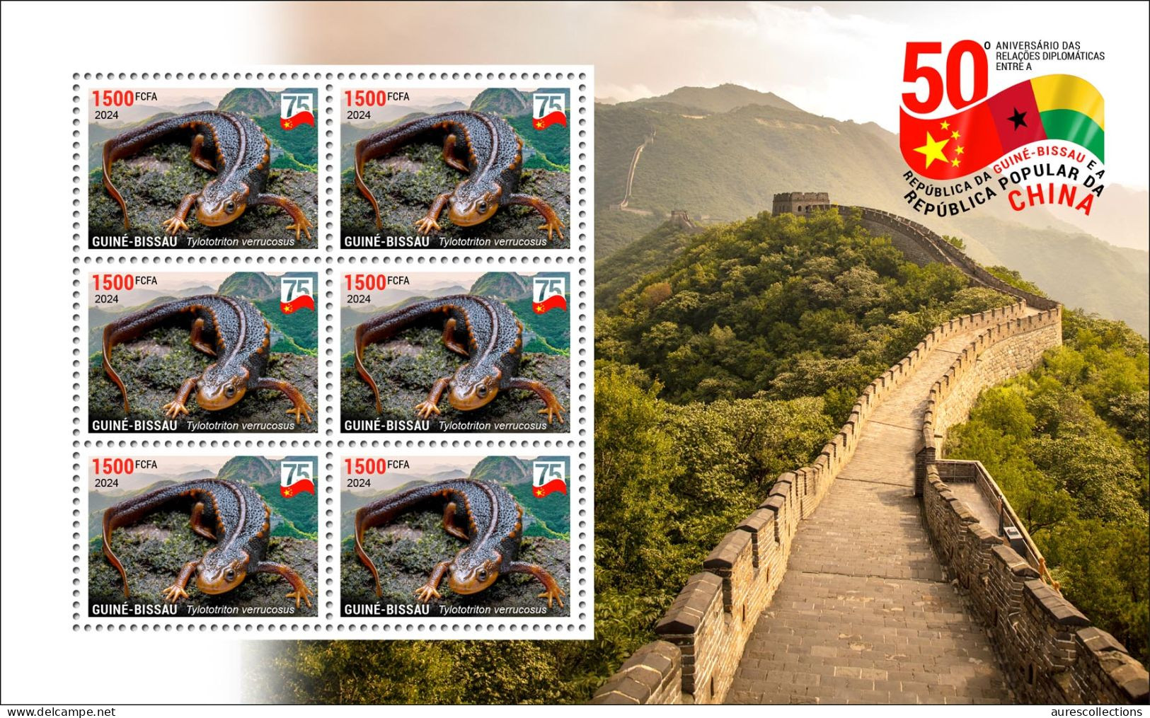 GUINEA BISSAU 2024 MS 6V - CHINA DIPLOMATIC RELATIONS - NEWT TRITON AMPHIBIANS AMPHIBIENS - GREAT WALL - MNH - Other & Unclassified