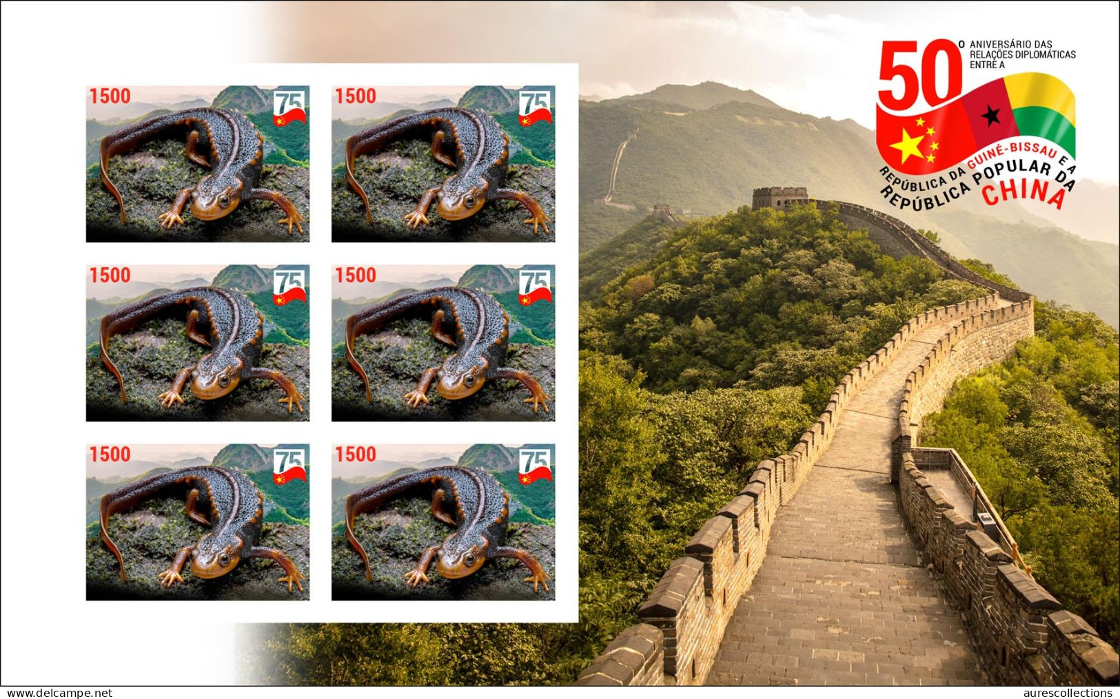 GUINEA BISSAU 2024 IMPERF MS 6V - CHINA DIPLOMATIC RELATIONS - NEWT TRITON AMPHIBIANS AMPHIBIENS - GREAT WALL - MNH - Other & Unclassified