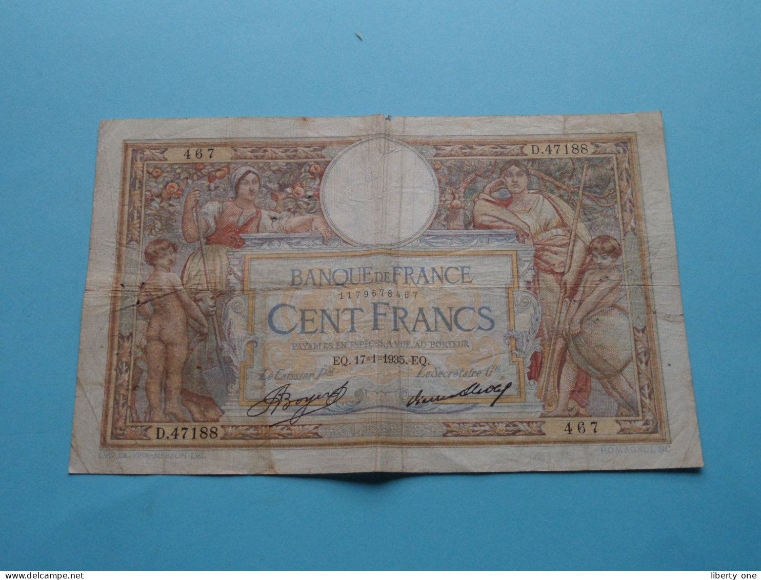 100 Francs ( EQ.17-1-1935.EQ.) D.47188 - 467 ( Grade Voir SCANS ) Circulated ! - 100 F 1908-1939 ''Luc Olivier Merson''