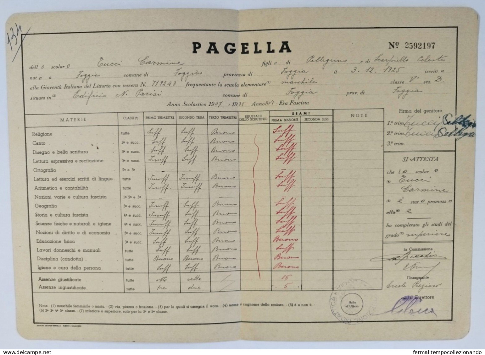 Bp40 Pagella Fascista Opera Balilla Ministero E.nazionale Foggia 1938 - Diploma's En Schoolrapporten