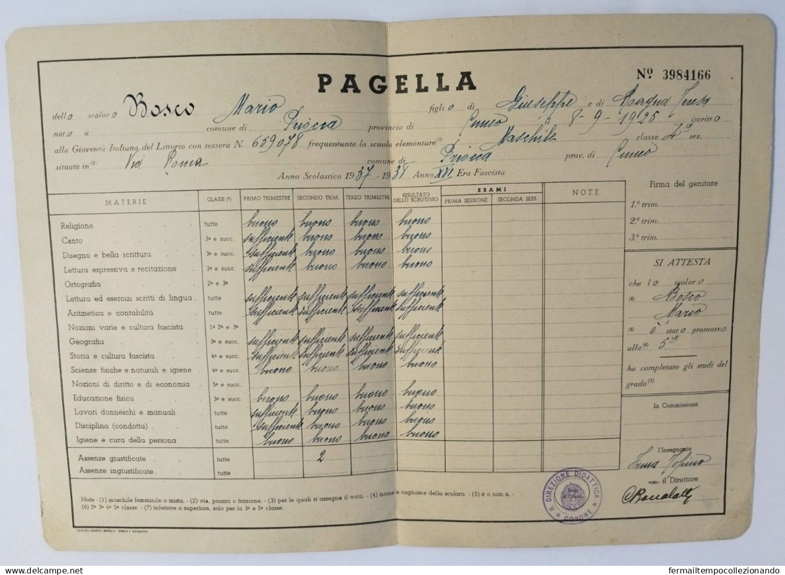 Bp38 Pagella Fascista Opera Balilla Ministero E.nazionale Priocca Cuneo 1938 - Diplomi E Pagelle