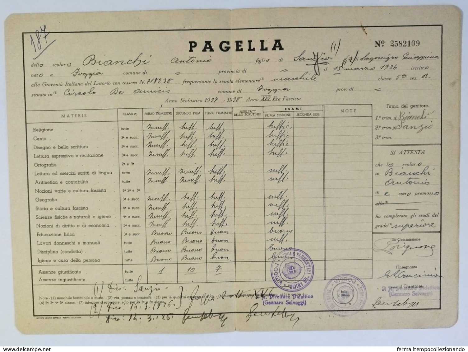 Bp41 Pagella Fascista Opera Balilla Ministero E.nazionale Foggia 1938 - Diploma & School Reports