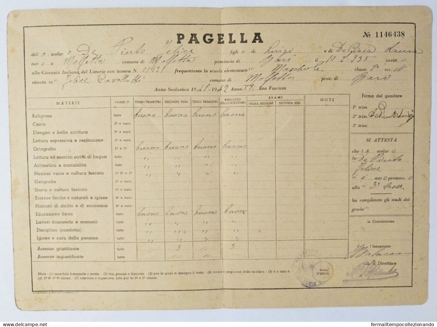 Bp37 Pagella Fascista Opera Balilla Ministero E.nazionale Molfetta Bari 1942 - Diploma & School Reports