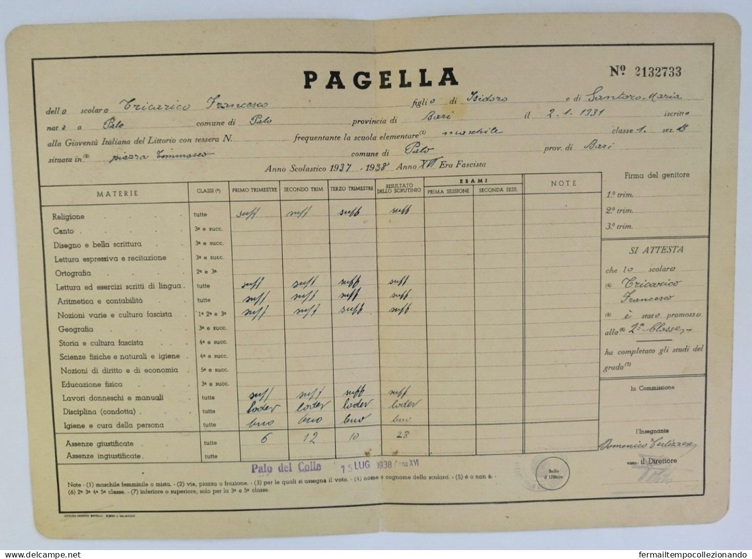 Bp43 Pagella Fascista Opera Balilla Ministero E.nazionale Piazza Palo Bari 1938 - Diploma & School Reports