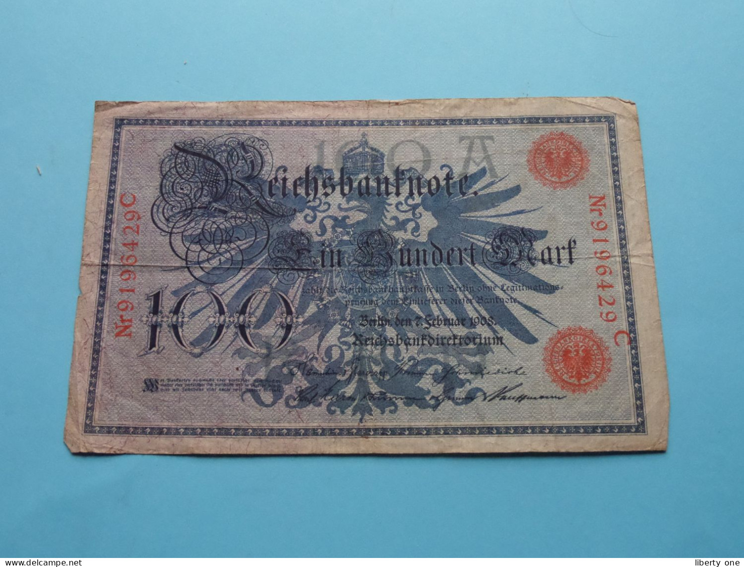 Reichsbanknote 100 Ein Hundert Mark Nr.9196429 C - Berlin Den 7 Februar 1908 ( Zie / Voir Scans ) F ! - 100 Mark