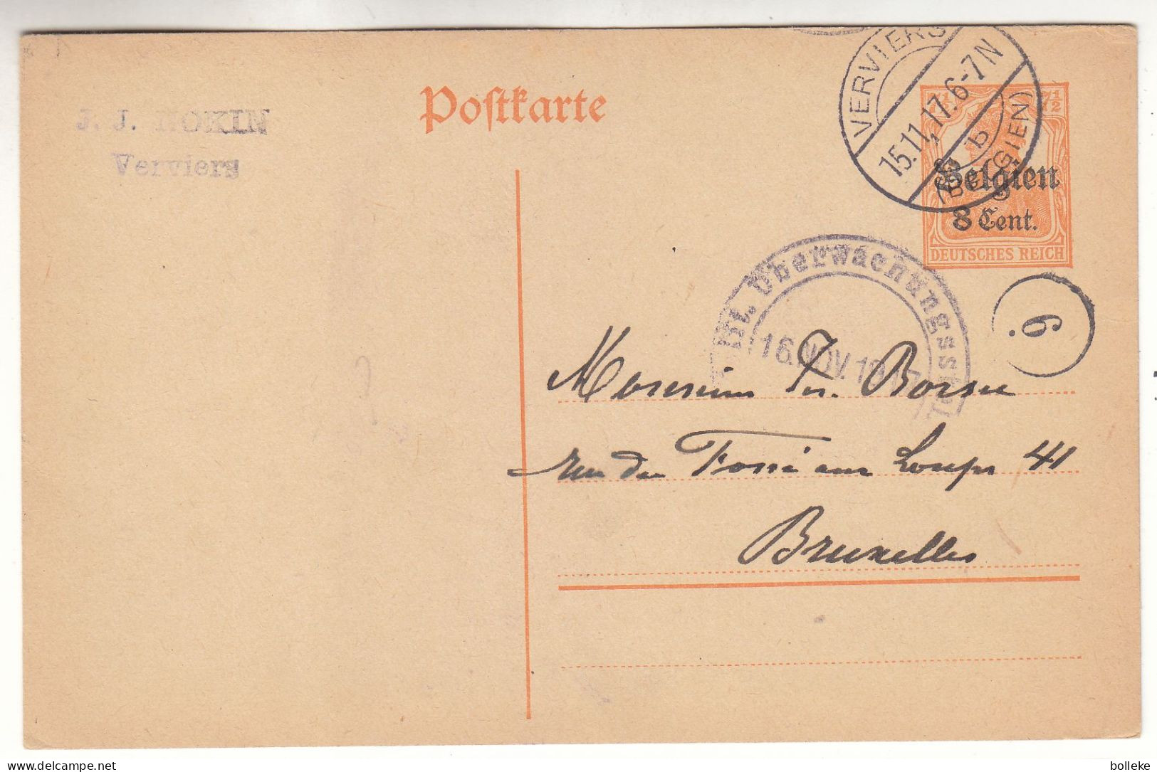 Belgique - Carte Postale De 1917 - Entier Postal - Oblit Verviers - Exp Vers Bruxelles - Avec Censure - - OC26/37 Territoire Des Etapes