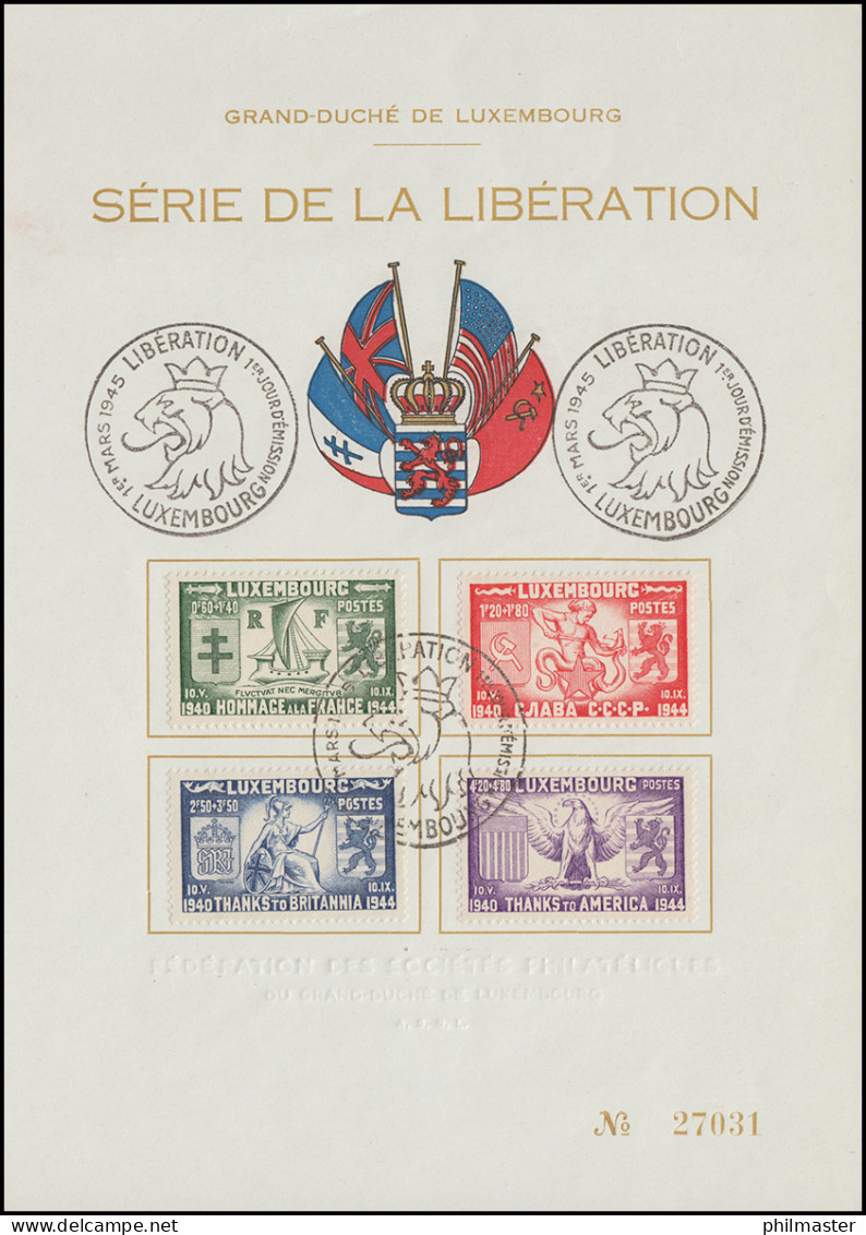 Luxemburg 343-346 Befreiung Luxemburgs 1945 - Satz Auf Gedenkblatt ESSt 1.3.45 - Sonstige & Ohne Zuordnung