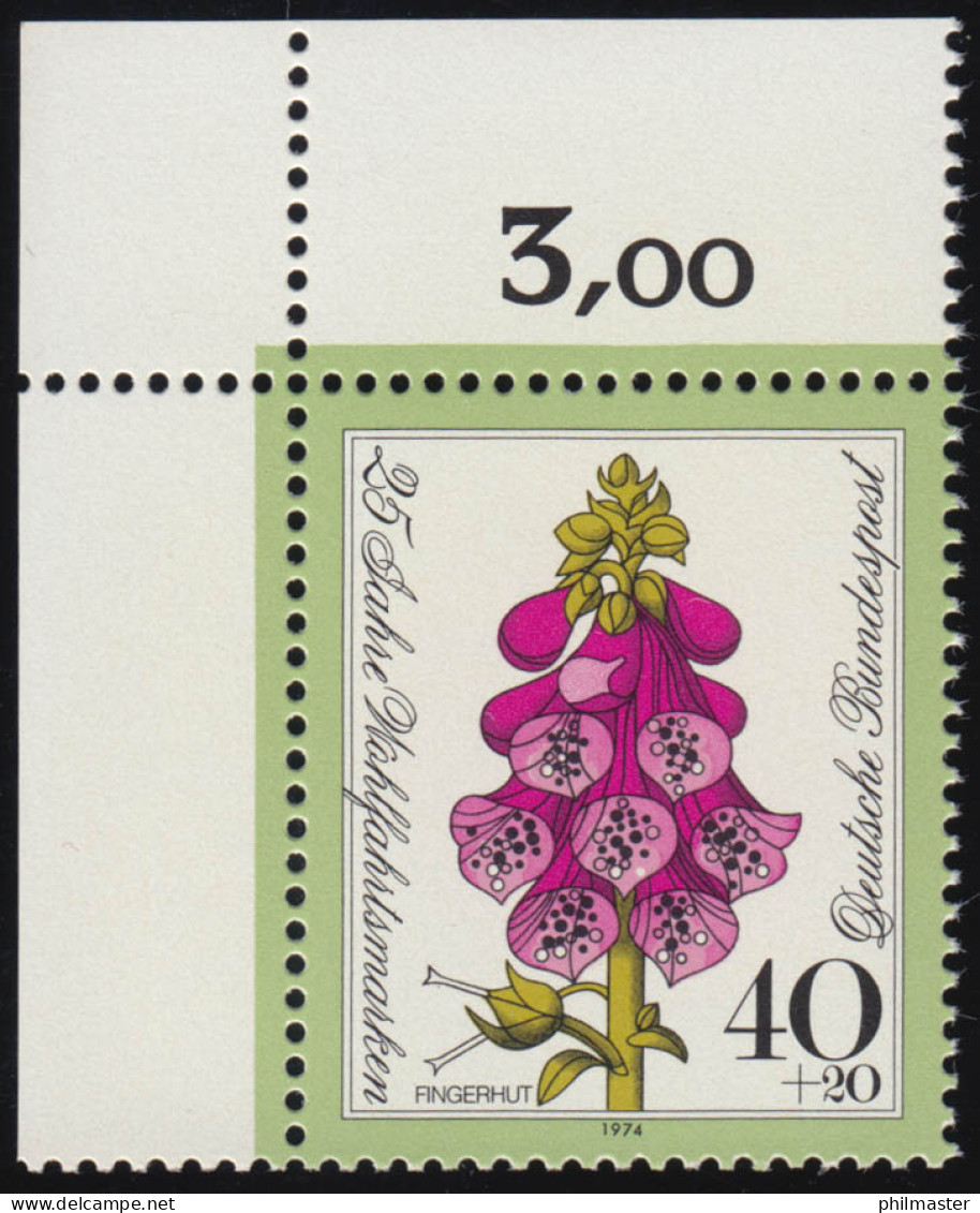 819 Wohlfahrt Blumen 40+20 Pf Roter Fingerhut ** Ecke O.l. - Unused Stamps