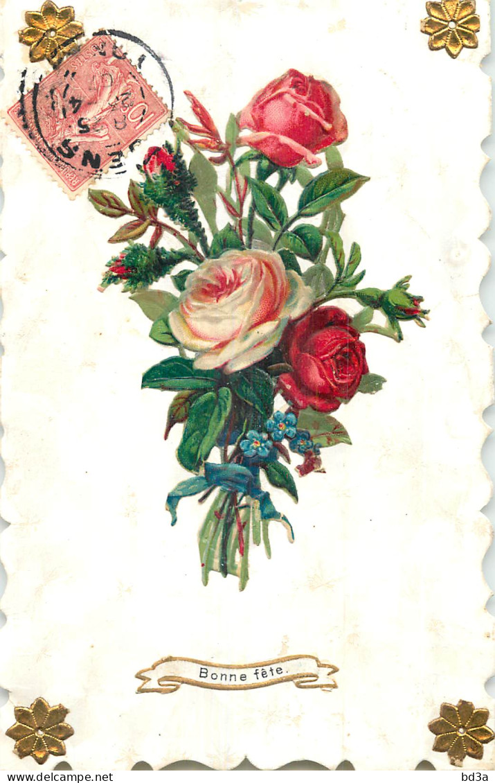  CPA - COLLAGE DE CHROMO DECOUPI - BOUQUET DE ROSES - ETOILES - BONNE FETE  - Fiori