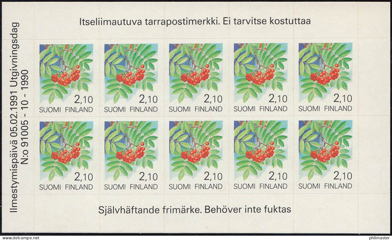 Finnland 1129 Pflanzen: Eberesche 1991, Selbstklebend, Folienblatt ** / MNH - Otros & Sin Clasificación