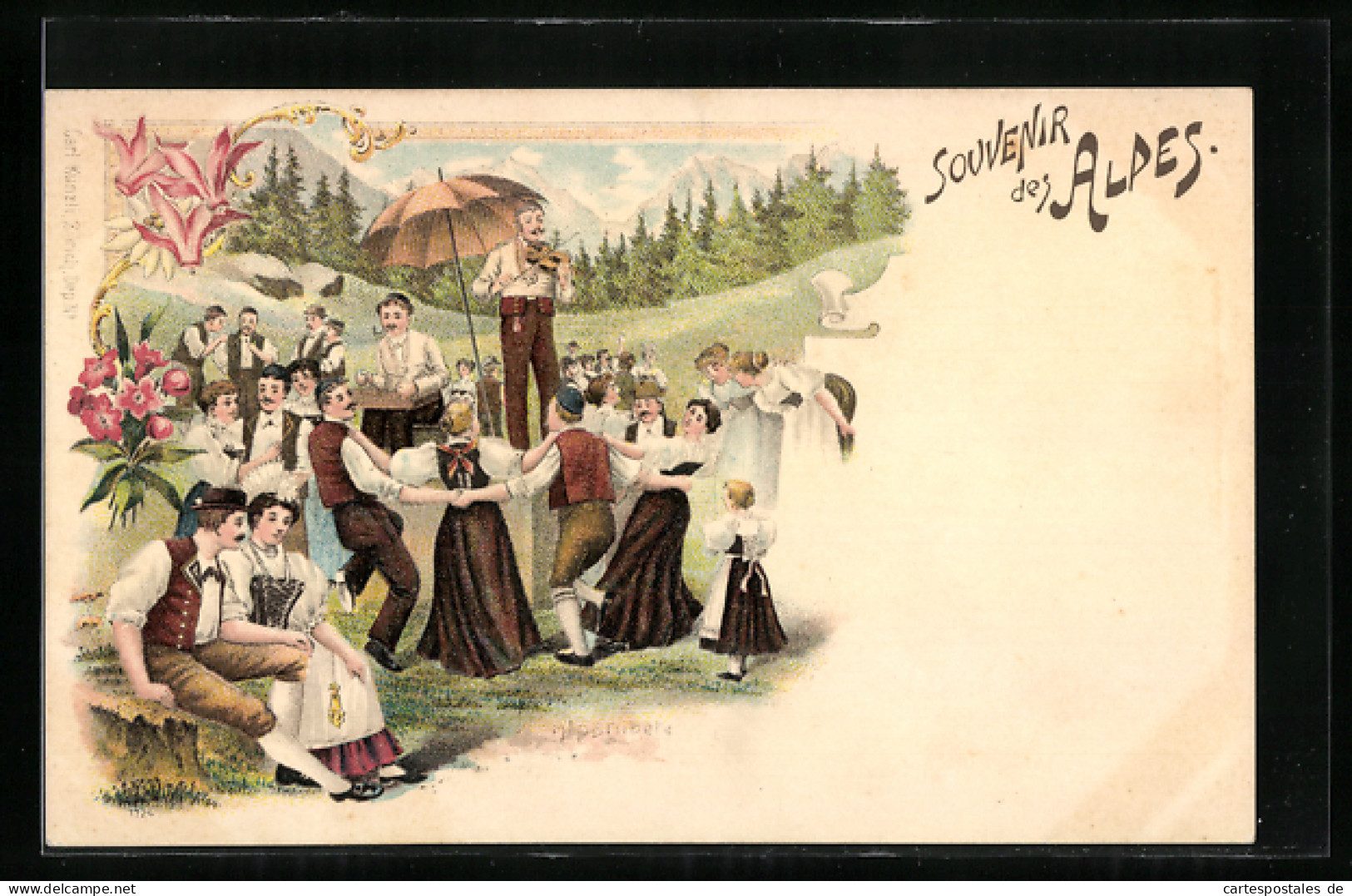 Lithographie Volkstanz, Souvenir Des Alpes  - Dans