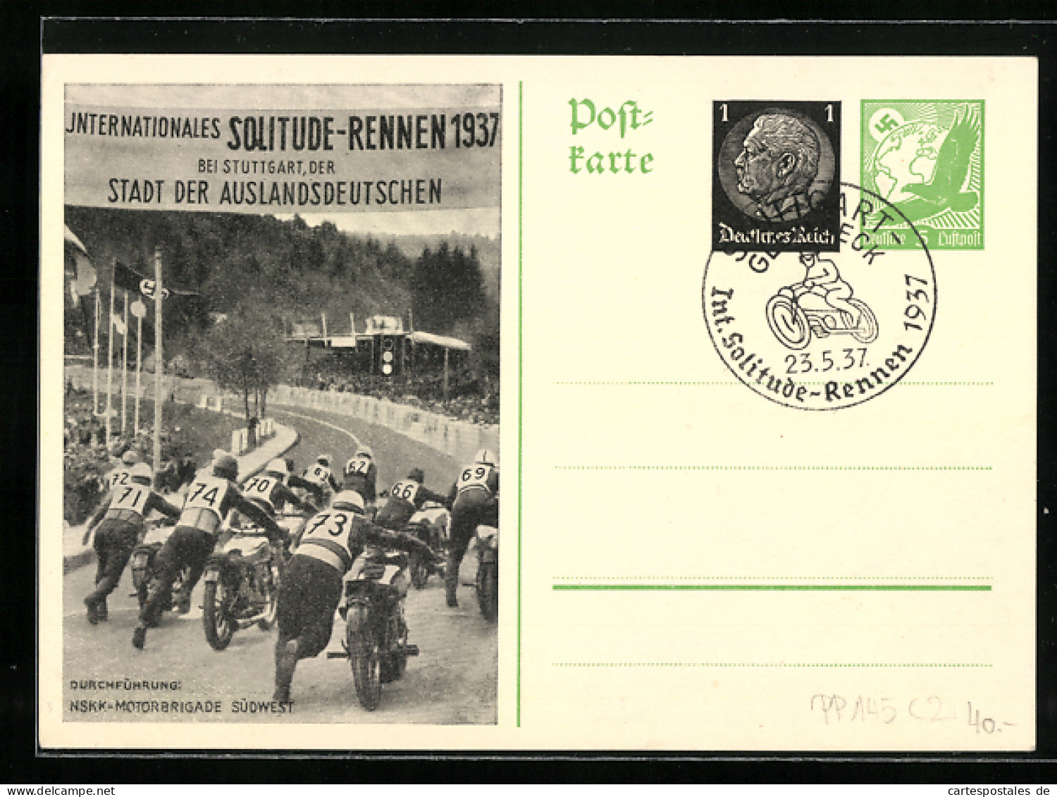 AK Stuttgart, Internationales Solitude-Rennen 1937, Durchführung NSKK-Motorbrigade Südwest, Ganzsache  - Andere & Zonder Classificatie