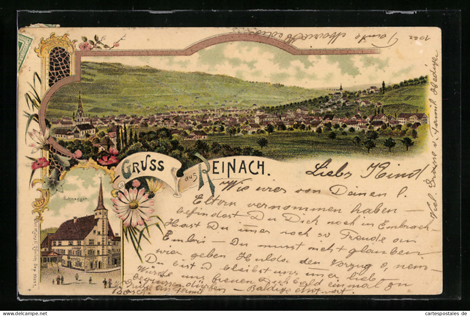 Lithographie Reinach, Ortsansicht Mit Kirche, Gasthaus Schneggen  - Reinach