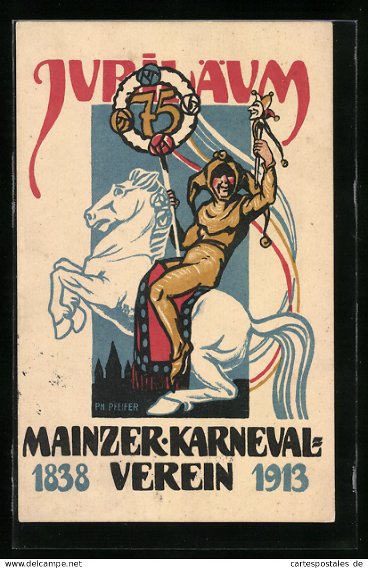 AK Mainz, Harlekin Auf Einem Ross Zum Karneval Jubiläum 1913  - Carnaval