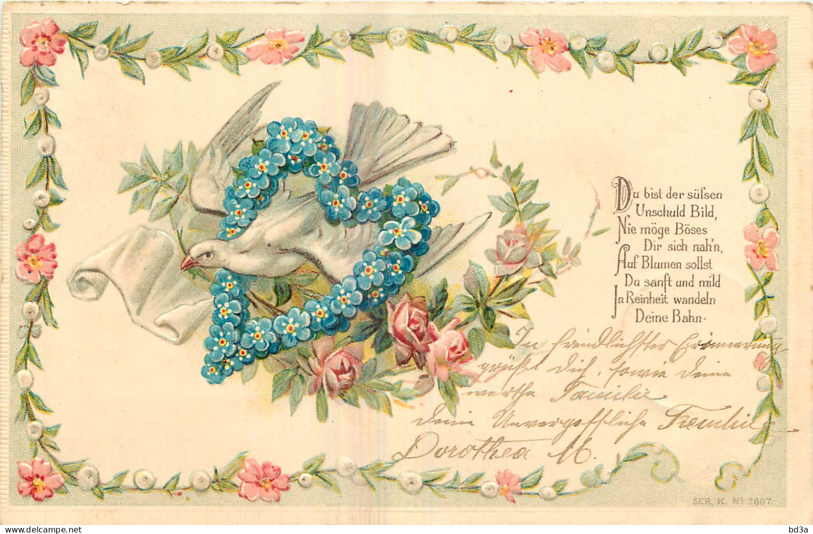 CPA FANTAISIE GAUFREE - COLOMBE - COEUR EN MYOSOSTIS - ROSES - ANEMONES - PARCHEMIN - Birds