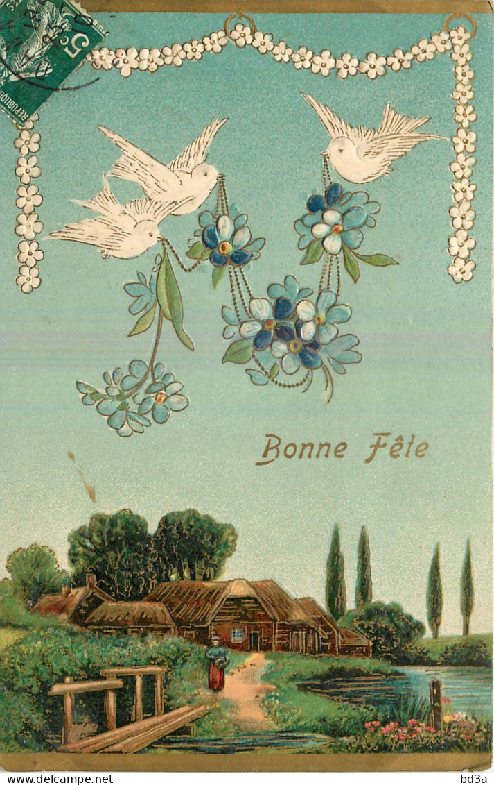 CPA FANTAISIE GAUFREE - COLOMBES - MYOSOTIS - PAYSAGE - BONNE FETE - Other & Unclassified