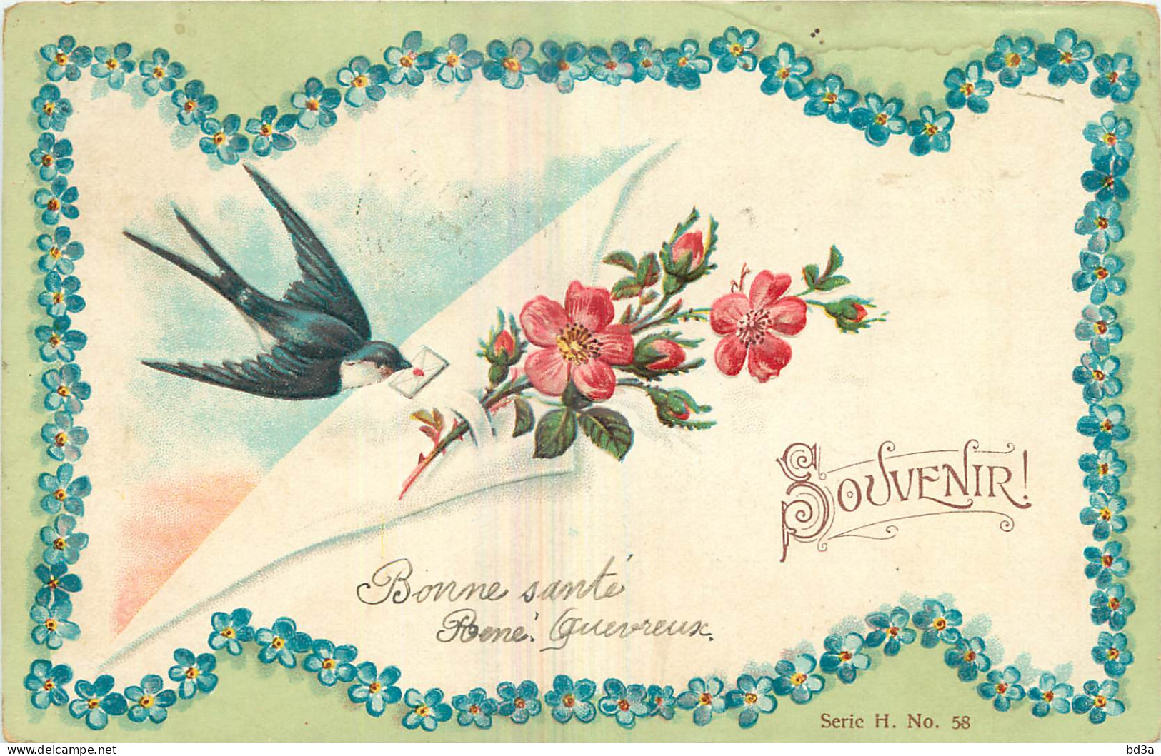 CPA FANTAISIE GAUFREE - HIRONDELLE - LETTRE - FLEURS - SOUVENIR - Birds