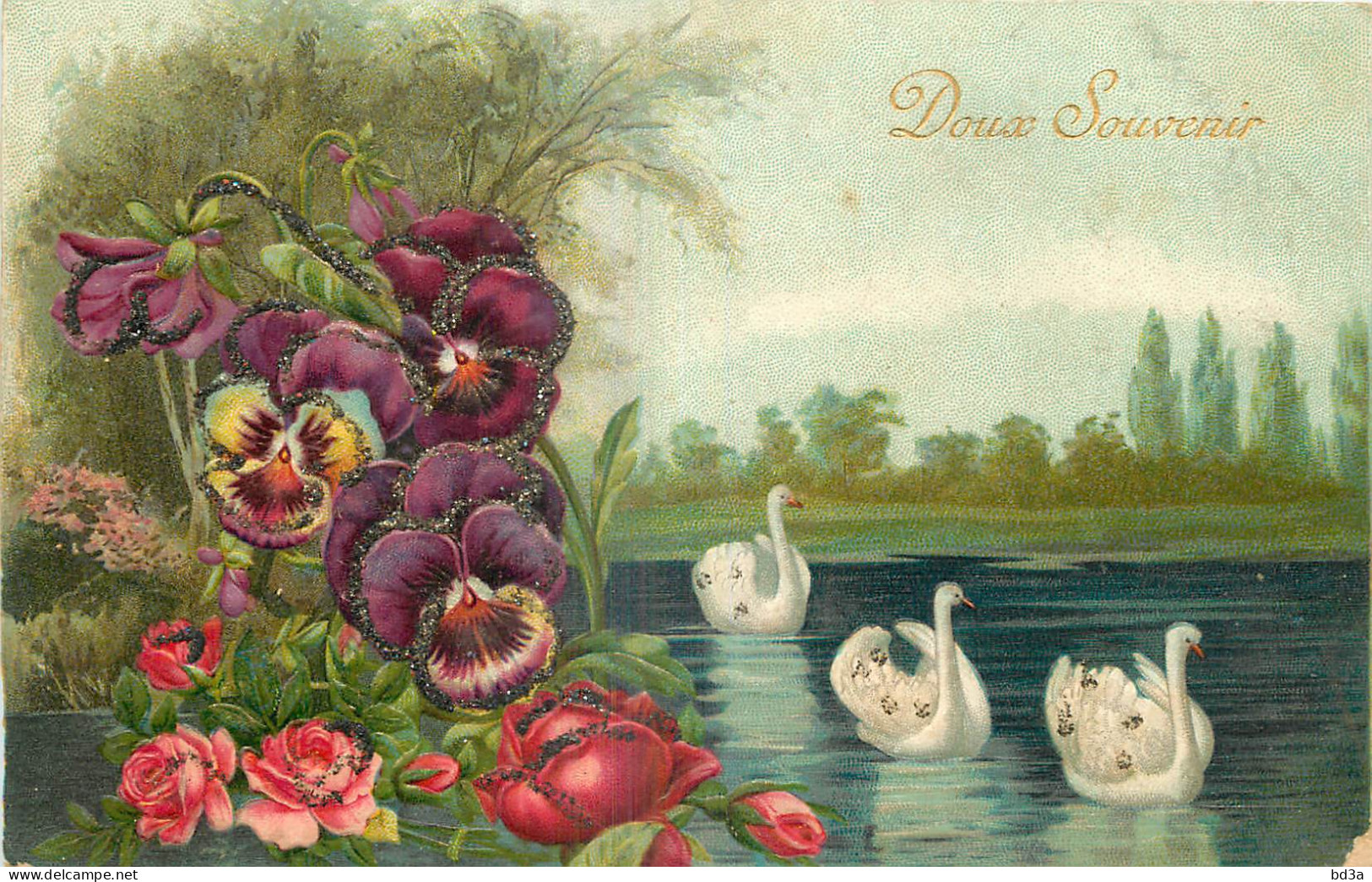 CPA FANTAISIE GAUFREE - CYGNES - PENSEES - ROSES - DOUX SOUVENIR - Birds