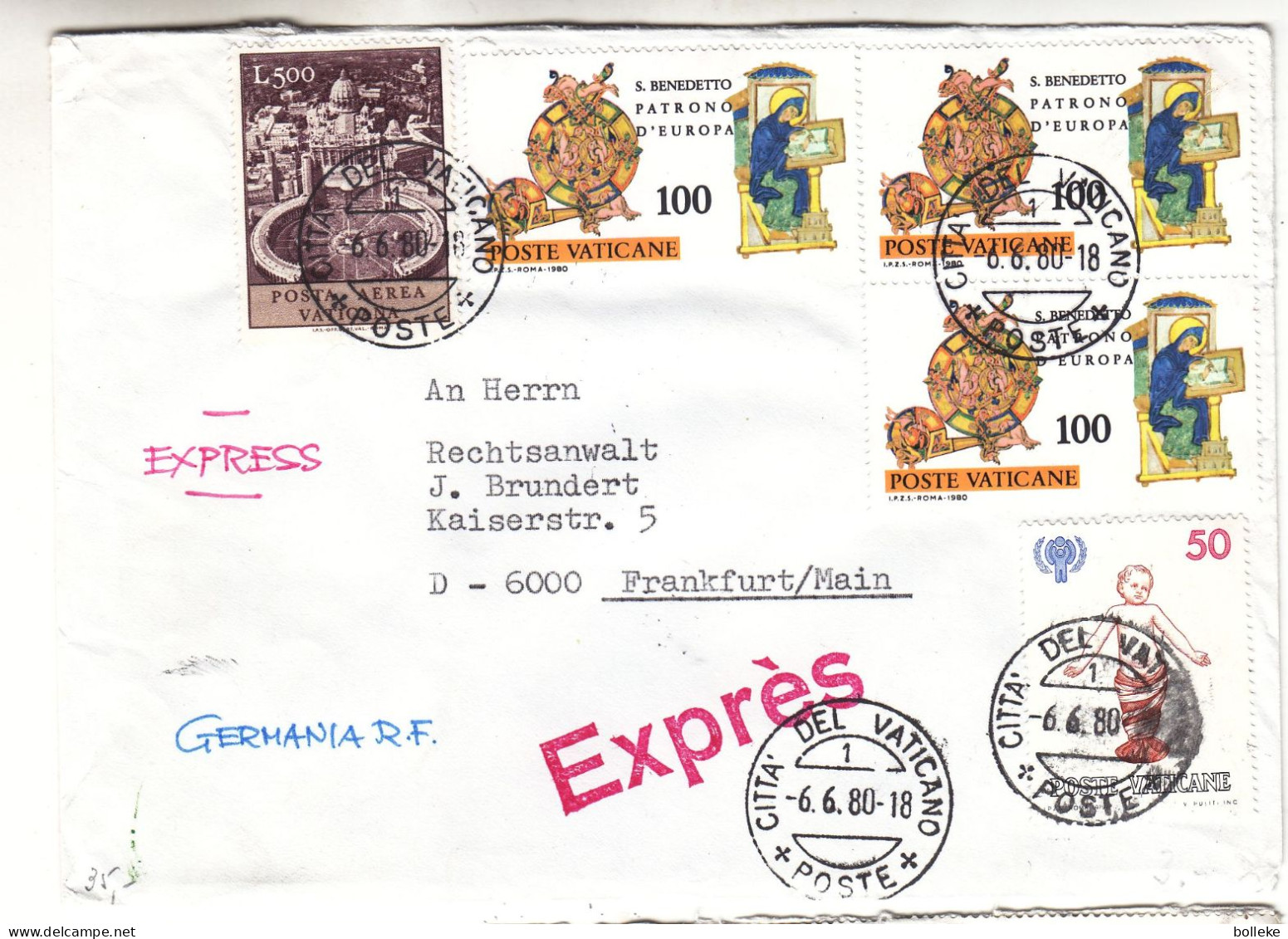 Vatican - Lettre Exprès De 1980 - Oblit Citta Del Vaticano - Exp Vers Frankfurt Am Main - Valeur 12 € En .....2003 - - Storia Postale