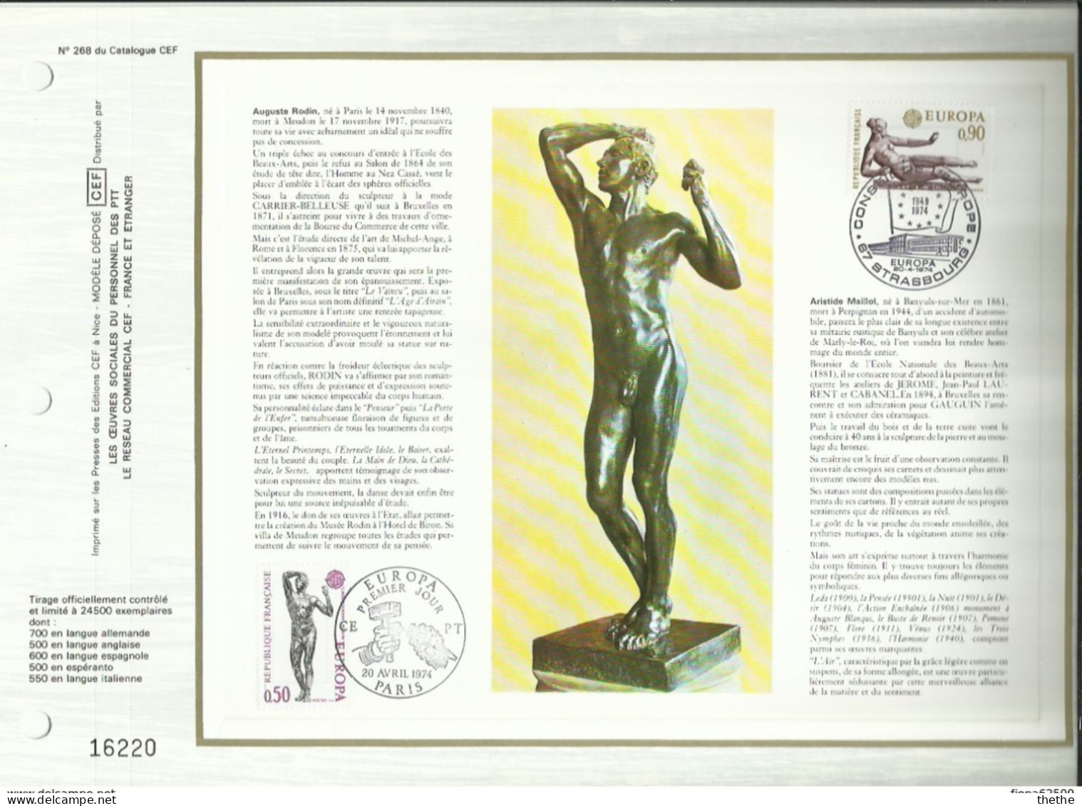 FRANCE - FDC - Sculptures : L'Age D'Airain De Rodin Et L'Air De Maillol - Feuillet N° 268 Du Catalogue CEF - 1970-1979